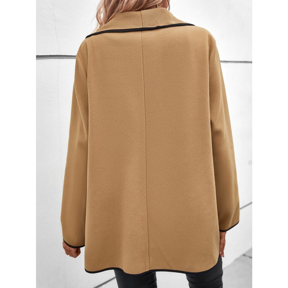 Contrast Binding Shawl Collar Open Front Overcoat pea coat tan camel - Picture 2 of 6